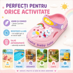 Saboți Copii Tip Crocs din Spumă cu Iepuraș 3D și Curcubeu Decorativ, Baretă Reglabilă, Talpă Antiderapantă, Roz - Img 8