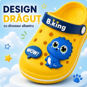 Saboți Copii Tip Crocs din Spumă EVA cu Dinozaur 3D Albastru, Baretă Reglabilă, Talpă Antiderapantă, Galben - Img 6
