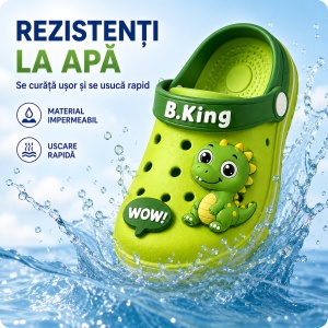 Saboți Copii Tip Crocs din Spumă EVA cu Dinozaur 3D Verde, Baretă Reglabilă, Talpă Antiderapantă, Verde - Img 4