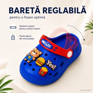 Saboți Copii Tip Crocs din Spumă EVA cu Ursuleț 3D și Accesorii Decorative, Baretă Reglabilă, Talpă Antiderapantă, Albastru - Img 6