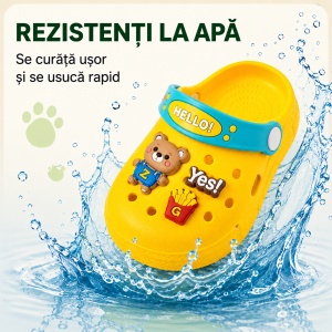 Saboți Copii Tip Crocs din Spumă EVA cu Ursuleț 3D și Accesorii Decorative, Baretă Reglabilă, Talpă Antiderapantă, Galben - Img 5
