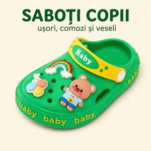 Saboți Copii Tip Crocs din Spumă EVA cu Ursuleț 3D și Curcubeu Decorativ, Baretă Reglabilă, Talpă Antiderapantă, Verde - Img 8