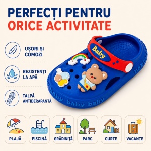 Saboți Copii Tip Crocs din Spumă EVA cu Ursuleț 3D și Curcubeu Decorativ, Baretă Reglabilă, Talpă Antiderapantă, Albastru - Img 10