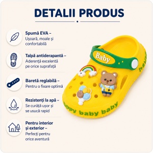 Saboți Copii Tip Crocs din Spumă EVA cu Ursuleț 3D și Curcubeu Decorativ, Baretă Reglabilă, Talpă Antiderapantă, Galben - Img 2