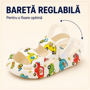 Saboți Copii Tip Crocs din Spumă, Model Decupat cu Mașinuțe Colorate, Baretă Reglabilă, Alb - Img 3