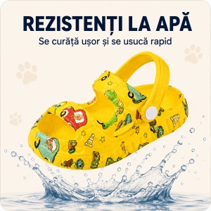 Saboți Copii Tip Crocs din Spumă, Model Decupat cu Mașinuțe Colorate, Baretă Reglabilă, Galben - Img 6