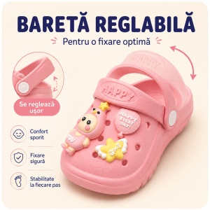 Saboți Copii Tip Crocs ,Spuma cu Personaj 3D, Balon și Stea Decorativa, Baretă Reglabilă, Talpă Antiderapantă, Roz - Img 4
