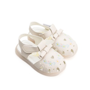 Sandale Pentru Copii, Prindere cu Scai, Brant Moale, Lumini pe Calcai, Beige cu Flori Brodate
