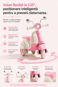 Scooter Roz pentru Copii cu 3 Roți, Far LED, Direcție 135° și Compartiment Depozitare – Ride-On pentru Copii 1-6 Ani - Img 5