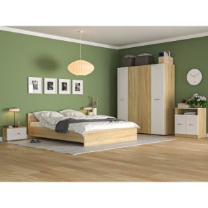 SET Dormitor Aurora+SALTEA Sonoma/Alb Sifonier 4 Usi, 2 Noptiere, Comoda, Pal Melaminat 18 mm