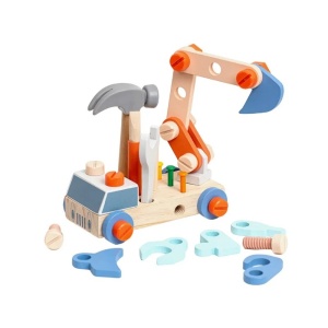 Set Educațional din Lemn, Asamblare Vehicul de Inginerie cu șuruburi și piulițe, Multicolor, 3 ani+