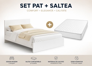 SET Pat matrimonial MODENA – Alb 160 x 200 cm + Saltea Lux Ortopedica, Arcuri Bonnell si Spuma Poliuretanica 160 x 200 cm