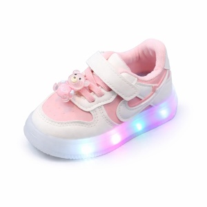 Sneakers Sport Copii Roz-Alb cu LED, Talpă Flexibilă și Accesoriu Ursuleț