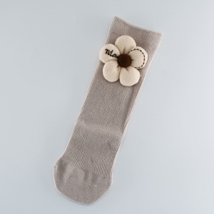 Sosete pentru Copii, Gri, Model cu Floare Crem, Bumbac, 2-5 ani - Img 2