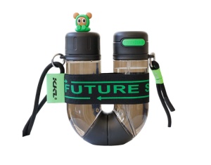 Sticla de Apa pentru Copii cu pai, model Cilindru, Negru/Verde, Plastic, 700 ml