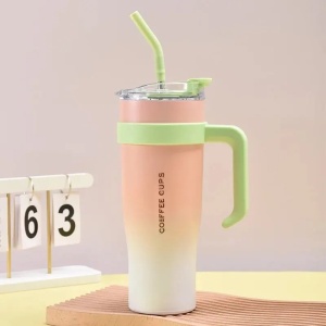 Termos pentru Adulti, cu Maner si Pai, Otel Inoxidabil, Roz, 1.2 L - Img 2