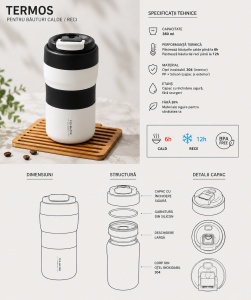Termos pentru Adulti, cu Termometru Digital, Maner, Otel Inoxidabil, Alb/Negru, 450ml - Img 2