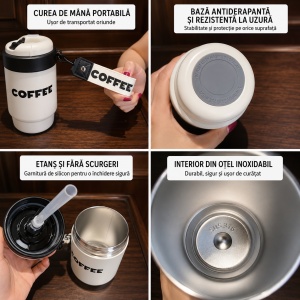 Termos pentru Adulti, model Coffee, cu Pai, Crem, 500 ml - Img 3