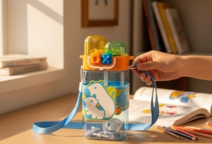 Termos pentru copii 2 in 1, cu Bareta, Plastic, Bleu, 580 ml - Img 2