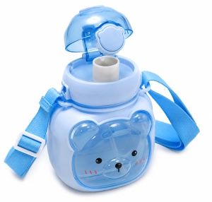 Termos Pentru Copii, cu Pai, Bareta si Maner, Model Urs, Bleu, Plastic, 500ml - Img 4
