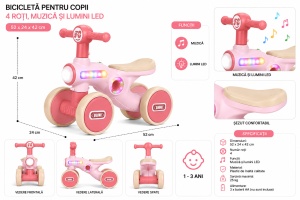 Tricicletă de Echilibru Roz - Roșu pentru Copii, 4 Roți, Muzică și Lumini LED, 1-3 Ani - Img 2