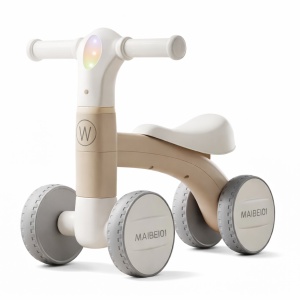Tricicletă Fără Pedale pentru Copii 1-3 Ani, 4 Roți EVA, Lumină LED, Cadru Oțel Carbon, Ride-On Echilibru, Bej
