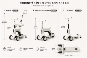 Trotinetă 3 în 1 pentru Copii 1-12 Ani cu Ghidon Reglabil, Ride-On și Bicicletă de Echilibru, Alb-Negru - Img 6
