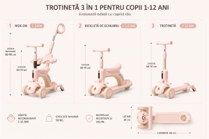 Trotinetă 3 în 1 pentru Copii 1-12 Ani cu Ghidon Reglabil, Ride-On și Bicicletă de Echilibru, Alb-Roz - Img 2