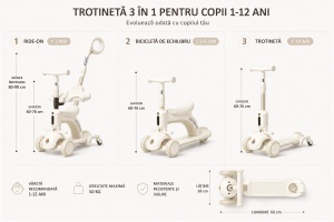 Trotinetă 3 în 1 pentru Copii 1-12 Ani cu Ghidon Reglabil, Ride-On și Bicicletă de Echilibru, Alb-Crem - Img 3