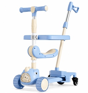 Trotinetă Copii 3 în 1 cu Șezut și Mâner de Împingere, Albastru Pastel, Roți cu Lumini LED, Model Dinozaur