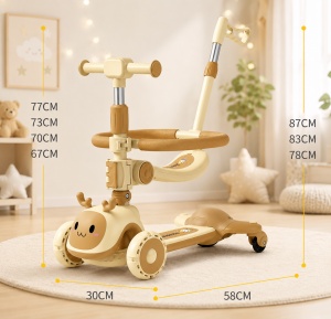Trotinetă Copii 3 în 1, Galbenă, Roti cu Lumini LED, Șezut și Mâner Reglabil, Model Ren - Img 2
