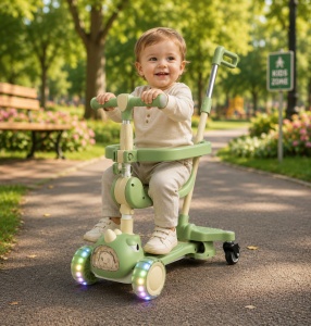 Trotinetă Copii 3 în 1, Verde Pastel, Roti cu Lumini LED, Șezut și Mâner Reglabil, Model Dinozaur - Img 4