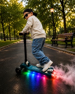 Trotinetă Copii 3 Roți, Verde, Lean to Steer, Pliabilă, Ghidon Reglabil, Roți LED, Efecte de Fum și Sunete - Img 3