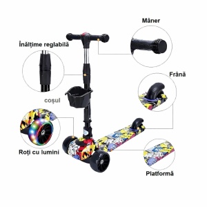 Trotineta Pliabila pentru Copii, 3 Roti, Negru cu print Multicolor, Cosulet, 2 ani+ - Img 2