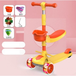 Trotineta Scooter Pentru Copii Reglabila, cu Lumini, Cosulet, Scaunel, Accesorii, Portocaliu, 2 ani+ - Img 2