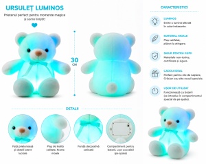 Ursulet de Plus Luminos, cu Lumini LED, Colorate, Lumina de Veghe, Pufos, Albastru, 30 cm - Img 3