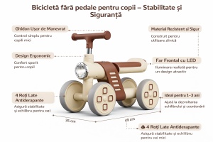 Bicicletă Fără Pedale pentru Copii, 4 Roți, cu Far LED și Design Ergonomic, Ride-On pentru Bebeluși 1-3 Ani, Maro-Crem - Img 2