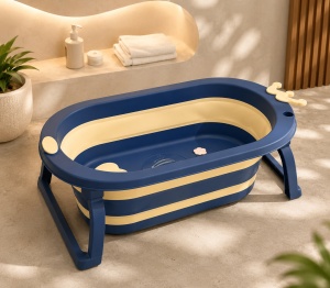 Cadita Pliabila pentru Bebe, Plastic, cu dop de Scurgere si Picioare, Albastru, 80 cm x 50 cm x 24 H