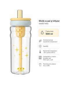 Cana cu Pai, model cu Stelute, cu Maner, Plastic, Galben, 500 ml - Img 4