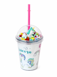 Cana cu Pai, Model Unicorn si Pom-Pom, Multicolor, Plastic, 300 ml