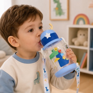 Cana cu Pai pentru Copii, cu Bareta, Plastic, Model Dinozaur, Albastru, 600 ml - Img 3