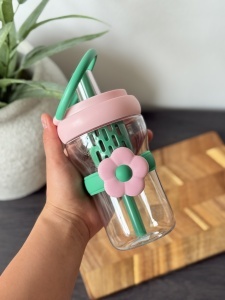 Cana cu Pai Pentru Copii, Model Floare, Plastic, Verde, 500 ml - Img 3
