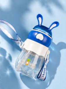 Cana cu pai pentru copii, Plastic, Model cu Urechi si Bareta, Plastic, Bleu, 350 ml - Img 2