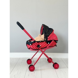 Carucior Pentru Papusi, Pliabil, Cu Landou si Copertita, Roti Duble, Rosu si Negru, 51 cm x 31 cm x 57 cm H