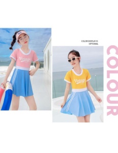 Costum de Baie Intreg pentru Copii, Model Salopeta cu Fustita, Yellow, 56 cm - Img 2