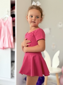 Costum pentru Dans/Gimnastica, Body cu Fustita, Inchidere prin Capse, Maneca Scurta, Fucsia - Img 4