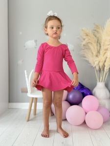 Costum pentru Dans/Gimnastica, Body cu Fustita, Maneca Lunga, Bumbac, Fucsia - Img 2