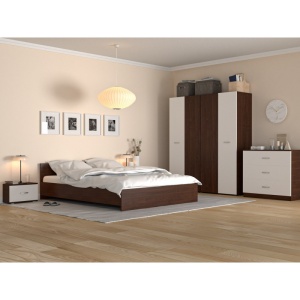 Dormitor Urban Wenghe/Alb, Sifonier 4 usi, Pat, 2 Noptiere, Comoda 3 Sertare, Pal Melaminat de 18 mm