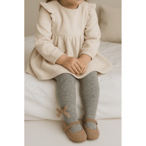 Dres cu Talpa pentru Copii, Gri Deschis, Model cu Funda Crem, Bumbac Gros - Img 2