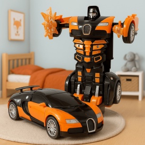 Masinuta 2 in 1, AutoRobot, Plastic,Portocaliu/Negru, Model 2, Accesorii Sabii, 14 x 6 cm, 2 ani+